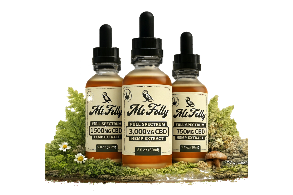 Mt. Folly CBD bottles with actual 1500mg, 3000mg, and 750mg labels
