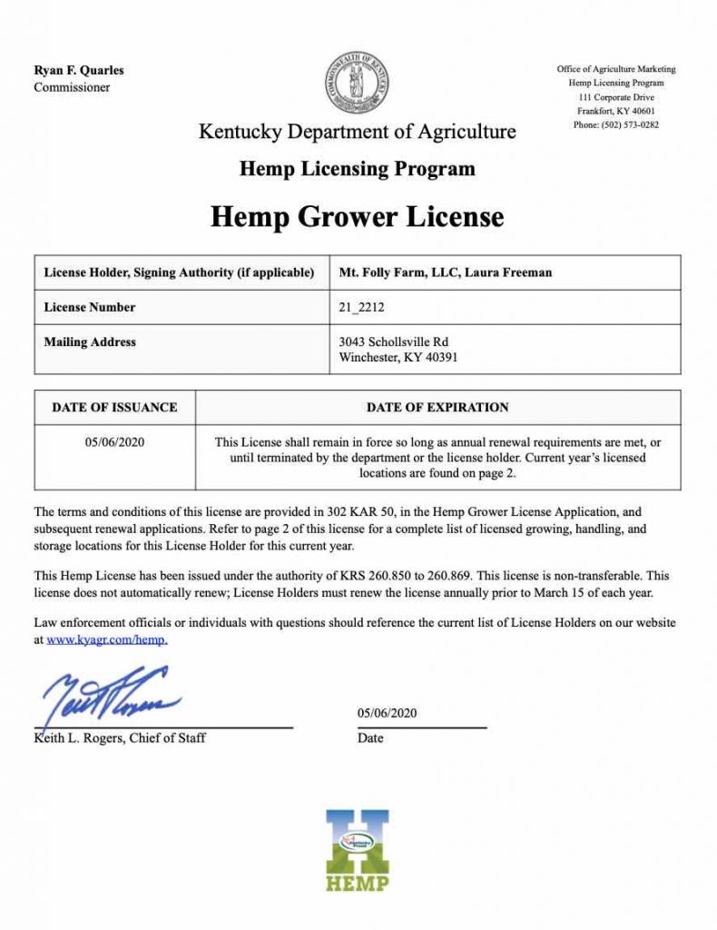 2020 Hemp Growers License