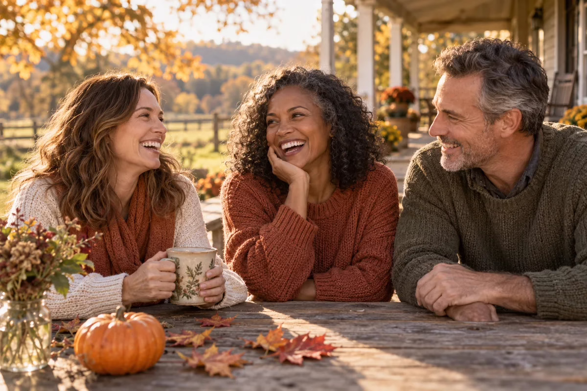 Friends sharing a laugh on an autumn porch