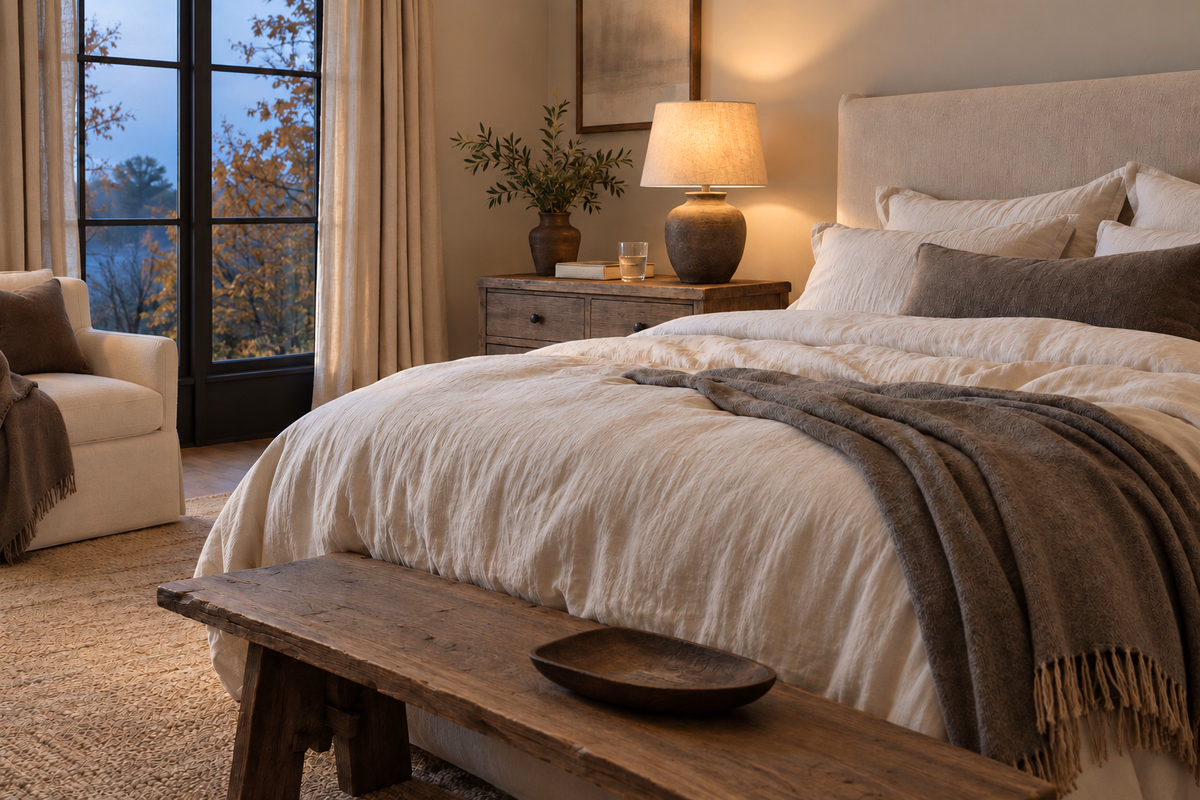 A softly lit bedroom with linen bedding, a cashmere blanket and a bedside book at dusk